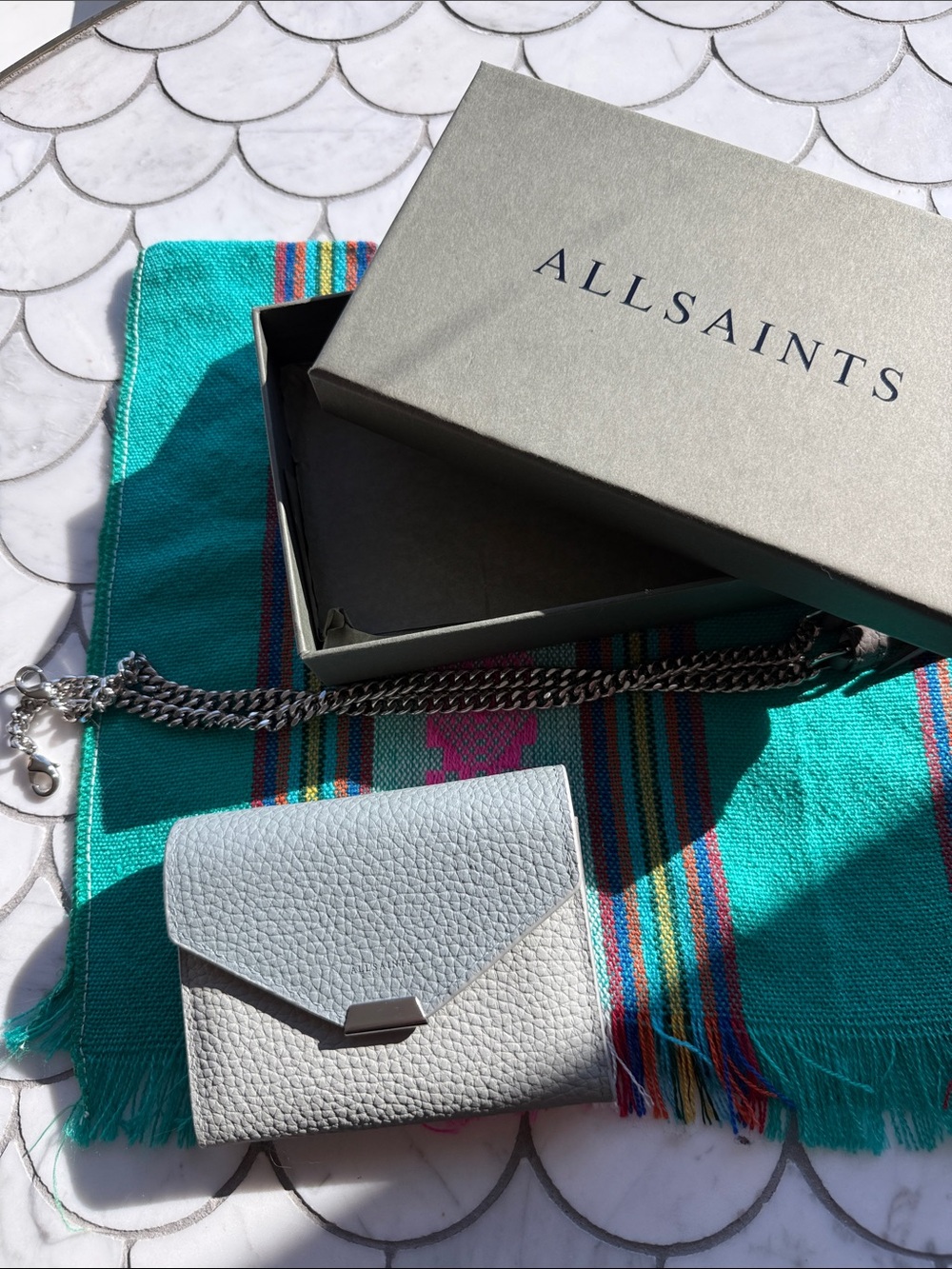 All Saints Pebbled Leather Wallet w chain strap- Light Gray two tone